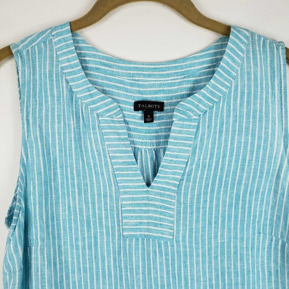 Talbots Split Neck Tank Linen Shell Top Coastal Teal White Womens Size Small - Picture 3 of 6